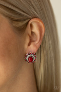 Paparazzi " floral flamboyance " Silver Metal & Red Stones Halo Post Earrings