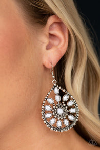 " Free To Roam " Silver Metal & White Stone Floral Pattern Dangle Earrings