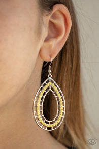 Paparazzi " Fruity Fiesta " Silver Metal & Yellow Beaded Teardrop Dangle Earrings