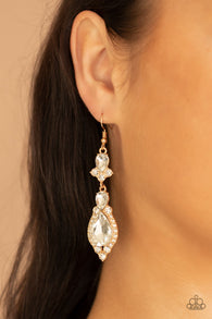 Paparazzi " Fully Flauntable " Gold Metal White/Clear Rhinestone Dangle Earrings