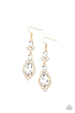 Paparazzi " Fully Flauntable " Gold Metal White/Clear Rhinestone Dangle Earrings