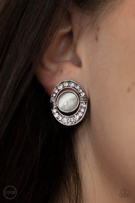 Paparazzi " Glow of Force " Silver Metal White Cat's Eye & Rhinestone Clip-On Earrings