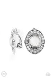 Paparazzi " Glow of Force " Silver Metal White Cat's Eye & Rhinestone Clip-On Earrings