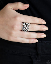 Paparazzi "Gardenia Gleam" Silver White Rhinestone Flower Cluster Floral Elastic Back Ring