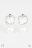 Paparazzi " Gatsby Gleam " Silver Metal White Pearl & White Rhinestone Clip-On Earrings