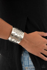 "Get Your Bloom On" Silver & Gray Leather Floral Stenciled Cuff Bracelet