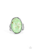 "Glittery with Envy" Silver Metal Green Stone & Confetti Specks Elastic Back Ring