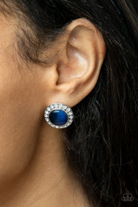 Paparazzi " Glowing Dazzle " Silver Metal & Round Blue Cats Eye Halo Post Earrings