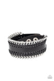 Paparazzi " Got Grit ? " Men's Black LEATHER with Silver Chain Accents Snap Bracelet