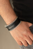 Paparazzi " Got Grit ? " Men's Black LEATHER with Silver Chain Accents Snap Bracelet