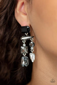 "Hazard Pay" Silver Metal Black, Smoky & Hematite Rhinestone Drop Dangle Earrings