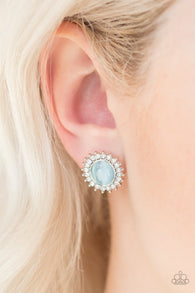 "Hey There Gorgeous" Silver Metal Oval Blue Cats Eye Rhinestone Post Earrings