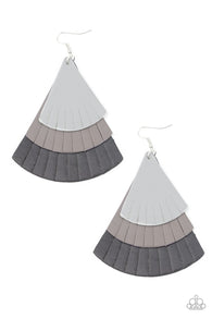 "Huge Fanatic" Light Gray, Dark Gray & Black Leather Layered Earrings