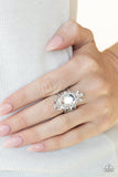" Icy Icon " Silver Metal Clear & White Rhinestone Elastic Back Ring