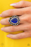 "Iridescently Icy" Silver Metal Blue Cat's Eye/Clear Rhinestone Elastic Back Ring