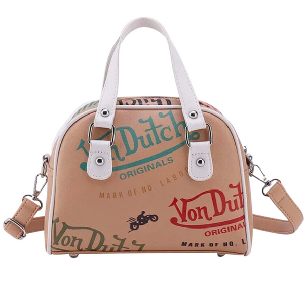 KHAKI (TAN) VON DUTCH STYLE BOWLING/BOSTON HANDBAG WITH ADJUSTABLE STRAP