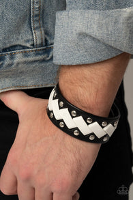 Paparazzi " Laces Loaded " Black & White LEATHER Laced Unisex Snap Bracelet