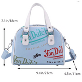 LIGHT BLUE VON DUTCH STYLE BOWLING/BOSTON HANDBAG WITH ADJUSTABLE STRAP