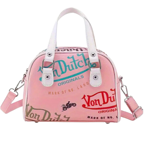 LIGHT PINK VON DUTCH STYLE BOWLING/BOSTON HANDBAG WITH ADJUSTABLE STRAP