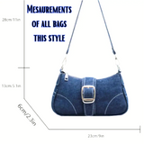 Baguette Handbag DARK BLUE Denim Design Double Strap Chain/Buckle Detail Stitch Decor Bag