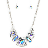 "Futuristic Fashionista" Silver Metal & Multi Rainbow Oil Spill Necklace Set