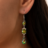 "Outstanding Opulence" Silver Metal & Green Oil Spill Rhinestone Multi Dangle Earrings