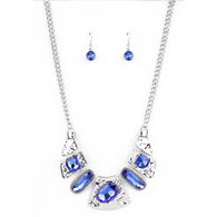 "Futuristic Fashionista" Silver Metal & French Blue Gem Necklace Set