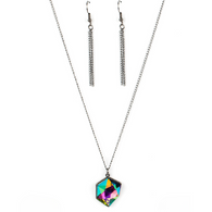 "Stellar Serenity" Gunmetal & Multi Oil Spill Geometric Box Necklace Set