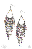 "Metro Confetti" Silver Metal Oil Spill Rhinestone Beaded Tassel Cascade Earrings