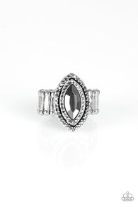 Paparazzi " Modern Millionaire " Silver Marquise Cut Hematite Elastic Back Ring