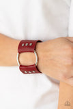 Paparazzi " Moto Mayhem " Red & Black LEATHER & Silver Ring Snap Bracelet