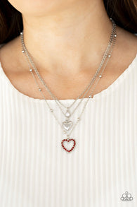 "Never Miss a Beat" Silver Metal Red Rhinestone Heart Layered Necklace Set