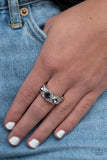 Paparazzi "New Age Nouveau" Silver Metal Purple & Clear Rhinestone Elastic Back Ring