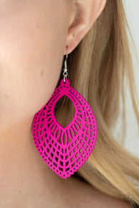 "One Beach at a Time" Stenciled Cutout Teardrop Pink Wood Earrings