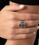 Paparazzi "One Daisy Daisy at a Time" Silver Filigree & Black Rhinestone Elastic Back Ring