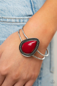 "Over the Top Pop" Silver Metal & Large Red Teardrop Stone Hinged Bracelet