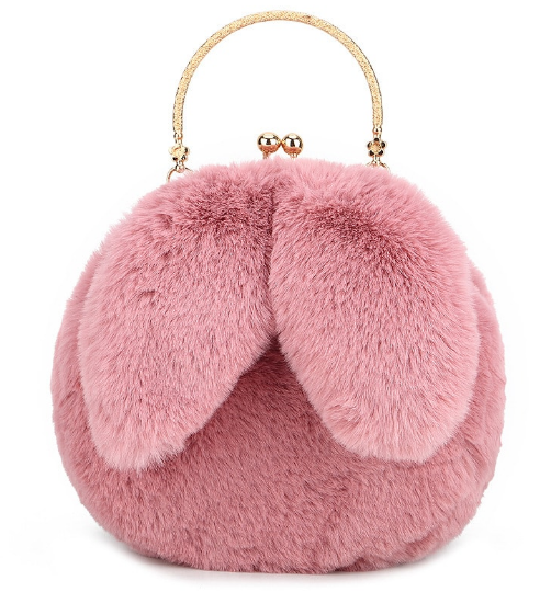 Purple/Pink Adorable Fluffy & Soft Bunny Rabbit Ears Handbag with Crossbody Chain