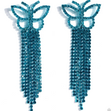 Billowing Butterflies - Blue Metal & Blue Rhinestones Butterfly Tassel Post Earrings