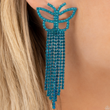 Billowing Butterflies - Blue Metal & Blue Rhinestones Butterfly Tassel Post Earrings