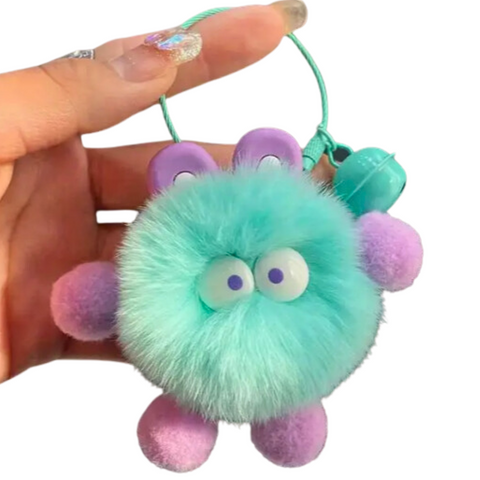 FLUFFY AQUAMARINE & PURPLE POM POM WITH EARS & KOOKY EYE KEYCHAINS