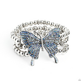 "First Wings First" Silver Beaded & Blue Iridescent Rhinestone Multi Layered Stretch Bracelet