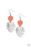 "Palm Tree Cabana" Silver Metal & Acrylic Coral Palm Leaf Dangle Earrings