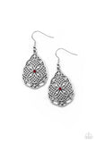 "Paradise Picnic" Silver Metal & Red Rhinestone Teardrop Dangle Earrings