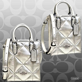 Genuine COACH Edgy North South Mini Tote in Silver Metallic with Puffy Diamond Quilting