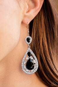 Paparazzi " Posh Pageantry " Silver Metal Black & Clear/White Rhinestone Teardrop Earrings