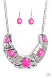 "Ruler in Favor" Silver Chain Pink Crackle Stone Bib Style Necklace Set