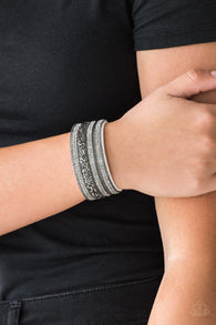 "Reality Rock Band" White LEATHER Gunmetal & Rhinestone Snap Band Bracelet