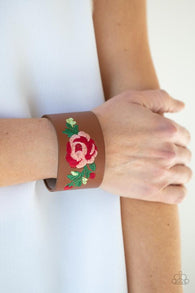 "Rebel Rose" Brown Leather Floral Embroidered Red Rose Snap Bracelet