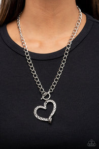 "Reimagined Romance" Silver Metal Textured Heart Toggle Necklace Set