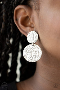 Paparazzi " Relic Ripple " Silver Metal Textured Double Disc Clip-On Earrings